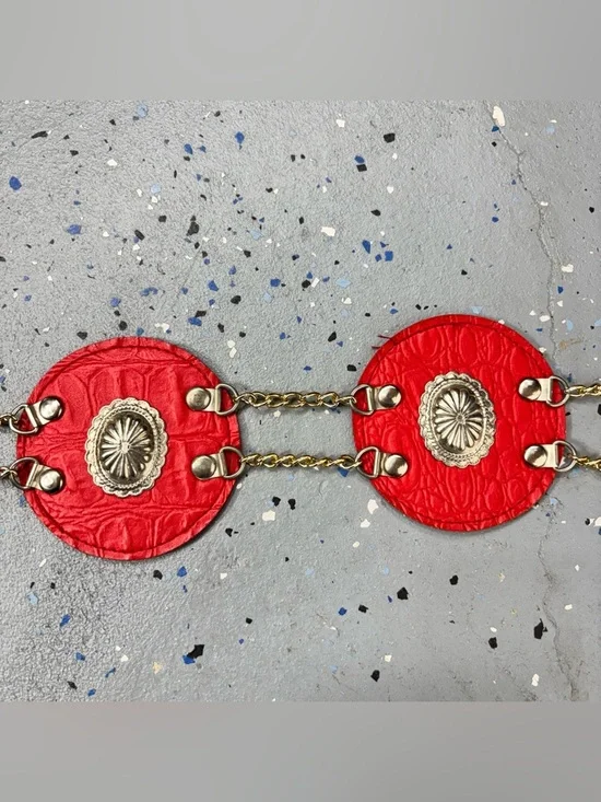 Vintage Western Disc Belt Silver Concho Red Embossed Faux Leather Gold Chain S/M - Picture 7 of 13